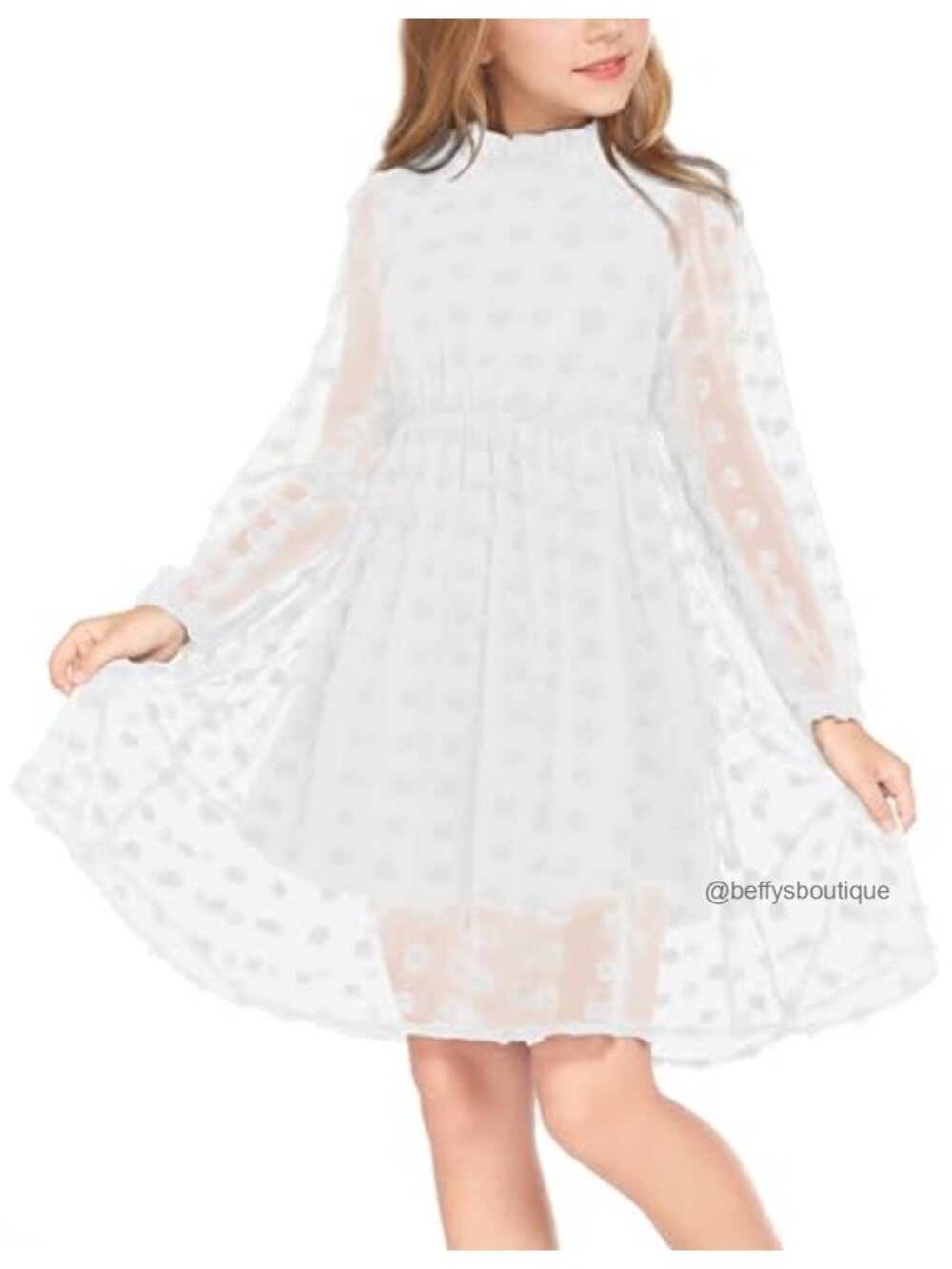 Girls Long Sleeve Swiss Dot Ruffle Collar Flowy Party Dress